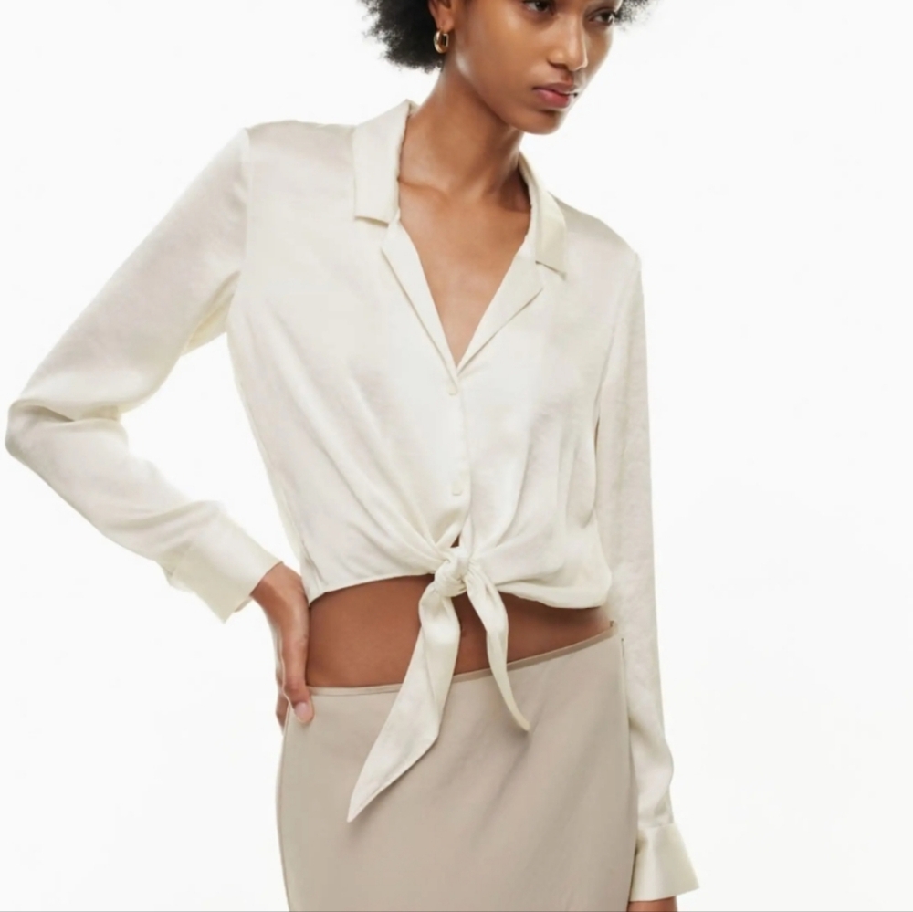 Aritzia Wilfred Cream Satin Tie-Front Blouse